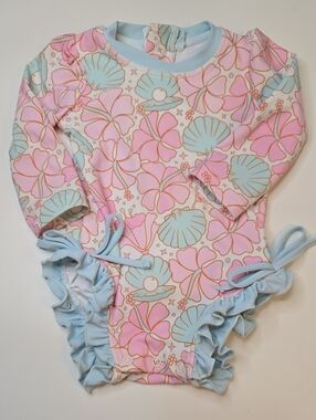 Caden Lane Rashguard Ruffle Botton Swimsuit - Pink & Light Blue Seashell Print